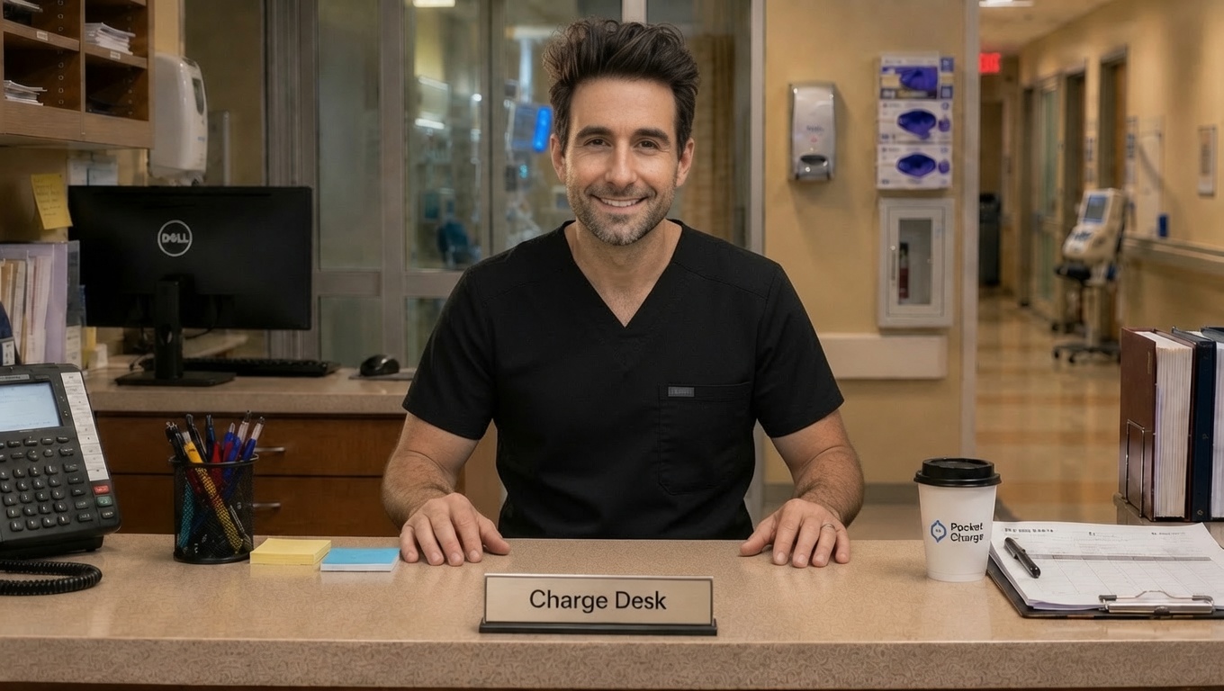 Luke Adams, BSN, RN, CCRN, founder of Pocket Charge, smiling behind the Charge Desk