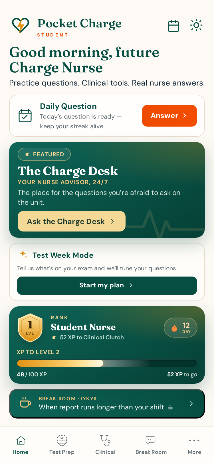 The actual Pocket Charge Student home screen: Daily Question, the featured Charge Desk card, Test Week Mode, rank and streak tracker, and Break Room